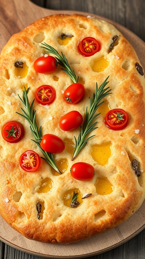 Golden brown focaccia bread topped with rosemary and cherry tomatoes on a wooden board with olive oil.